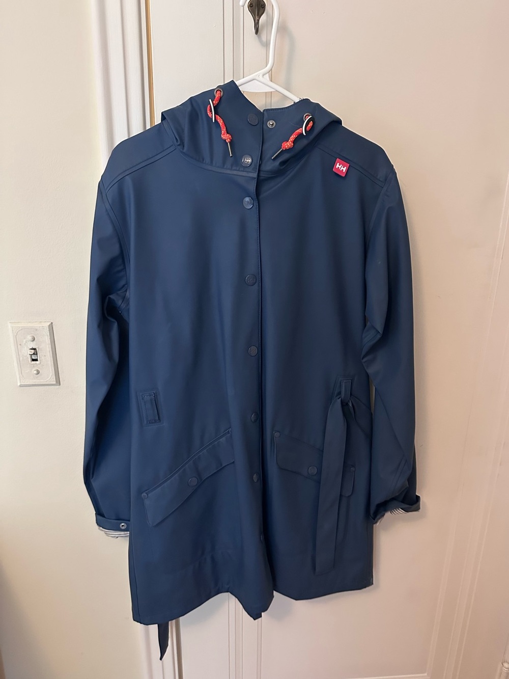 Helly Hansen Navy Hooded Trench Coat with Red Accent Drawcords